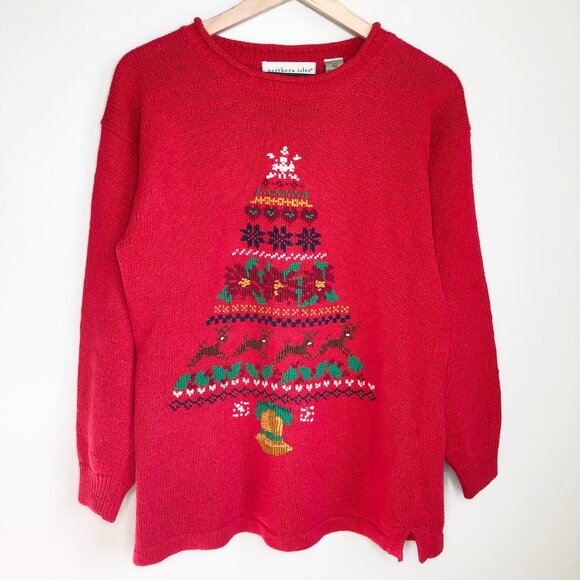 Vintage Hand Embroidered Christmas Tree Sweater Needle Point Holiday Cable Knit - Picture 1 of 5